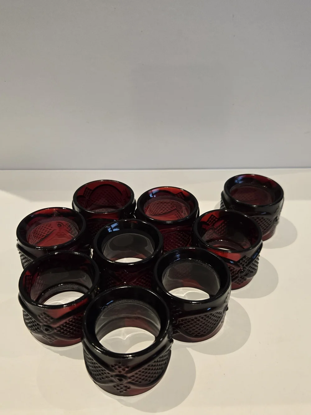 Avon 1876 Cape Cod Ruby Red Napkin Rings, Vintage, Set of 9 Glass Holders